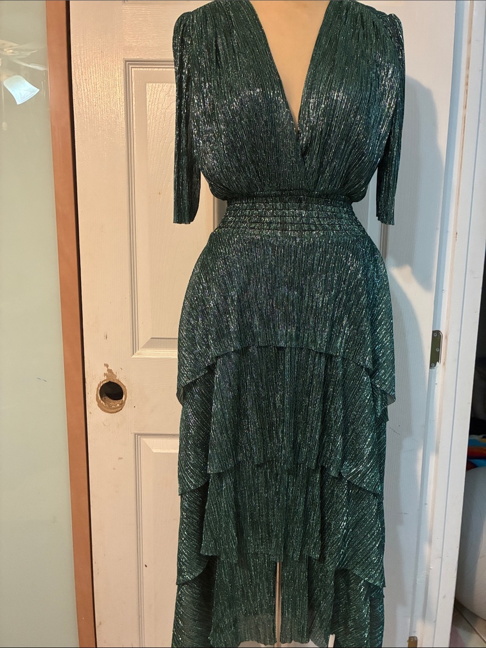 Maje Deep Green Metallic Tiered V-Neck Women's Dress size 2